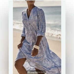 J. Jill Blue White Paisley Stripe Embroidered Caftan Maxi Coastal Summer